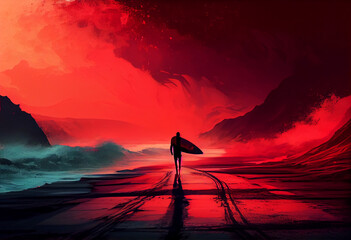 big seaside red sky and doing surfing Generative AI