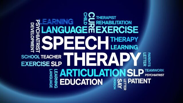 Speech Therapy animated tag word cloud;text design animation kinetic typography seamless loop.