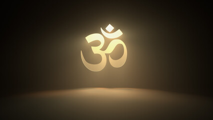 Shining Om symbol of Hinduism on the wall with warm yellow rays of light - 3D illustration - obrazy, fototapety, plakaty