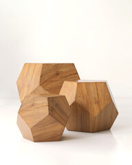 Three modern geometric shape brown wooden podium table, pentagon side, smooth wood grain in...