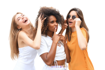Three young smiling hipster women in summer clothes posing on a transparent background. Female showing positive face emotions.
