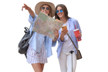 Holidays and tourism concept - beautiful girls looking for direction on a transparent background