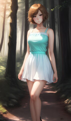 Cute Girl with Beautiful dress in the Forest