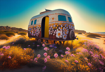 portugal summer caravan and so much flowers at sunrise Generative AI
