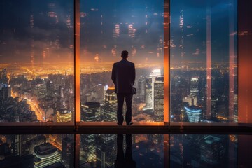 City Reflections: Businessman Looking at Cityscape - AI Generated
