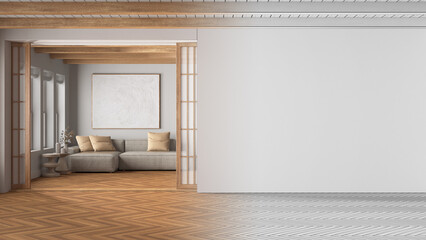 Architect interior designer concept: hand-drawn draft unfinished project that becomes real, minimal japandi living room. Mockup with copy space. Clean style