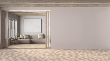 Minimal japandi living room in bleached wooden and white tones. Mockup with copy space. Fabric sofas, carpet, decor and herringbone parquet. Clean interior design