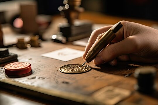 Stamping a Letter: Closeup of Hand and Envelope - AI Generated