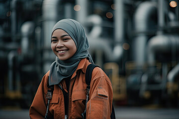 A hijab engineer women in front of an industrial oil and gas plant. Generative AI