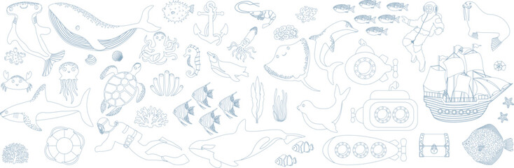 Vector ocean mega set with whale,turtle,jellyfish,shark,crab,octopus,diver,penguin,squid,dolphin,walrus,ship.Underwater animals.Illustration for fabric,childrens clothing,book,postcard,wrapping paper