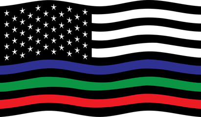 American flag sticker in black and white with a blue, red and green stripe. All lives matter flag png