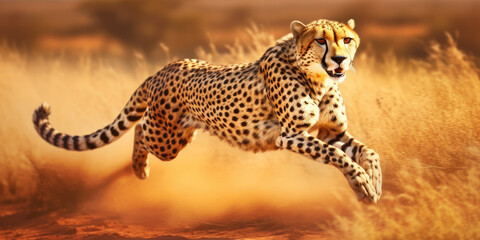 Cheetah running at full speed through the savanna. Generative AI