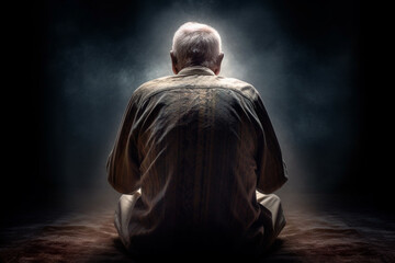 Dim-lit devotion: Rear view of an elderly man absorbed in prayer. Generative AI