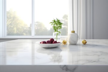 Marble stone countertop on blurry luxury kitchen interior background, generative ai