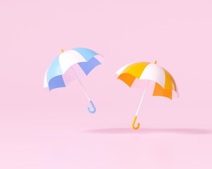 minimum concept Yellow umbrella and blue umbrella with shadow on pink background and copy space for your text, 3D illustration.
