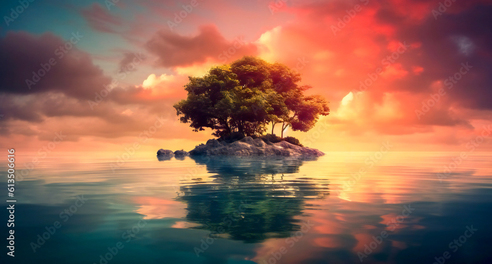 Poster beautiful small rock island in the middle of the sea with a colorful sky background. created with ge