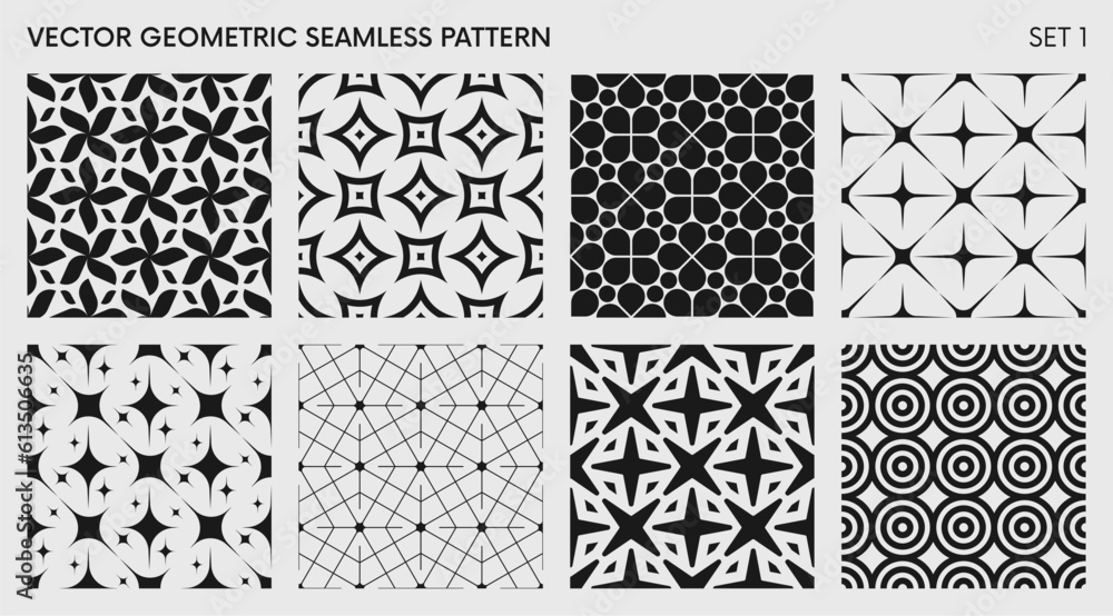 Fototapete Seamless vector elegant abstract geometric pattern for various design, Black and white rhythmic repeating texture, creative modern background with element various shapes, set 1