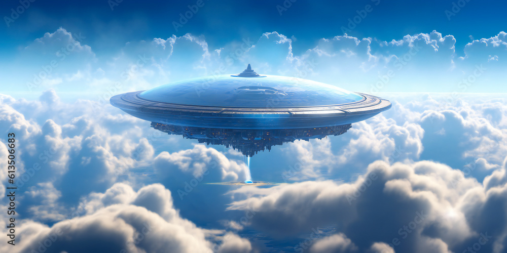 Poster floating advanced technology flying object in the clouds. created with generative ai technology.