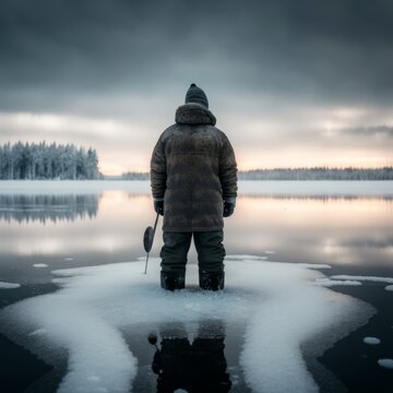 Ai generated person fishing in an icy river