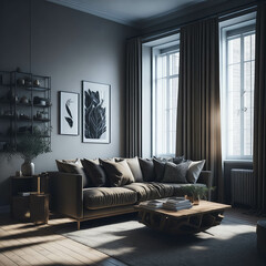 Cozy Neutral Tone Colors Living Room Interior, Corner Sofa with Pillows, Shag Rug, Wood Parquet, Art Poster On Wall, Soft Light from Window, Calm mood, Generative Ai