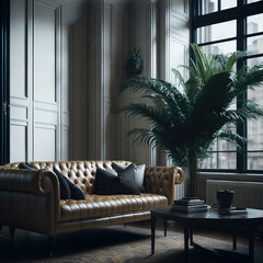 Obraz premium Vntage Kensington Leather Sofa in Luxury Living Room Interior, Soft Light From Window, Green Pot Plant, Wood Parquet Generative Ai