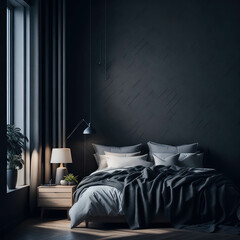 Stylish Cozy Bedroom Interior Modern Style Neutral Colors, Large Bed With Pillows, Soft Light, Wood Night Stands, Generative Ai