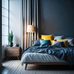 Stylish Cozy Bedroom Interior Modern Style, Large Bed With Colofrul Pillows, Soft Light, Wood Night Stands, Generative Ai