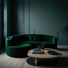 Green Round Cozy Sofa in Industrial Style Interior room,  Window with Sunligh, Minimalism Simple decor, Polished Concrete Generative Ai