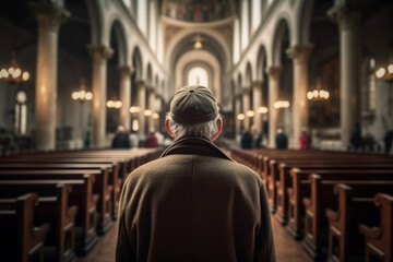 Faithful reflection: Rear view of an elderly man, pondering life's mysteries in the church. Generative AI