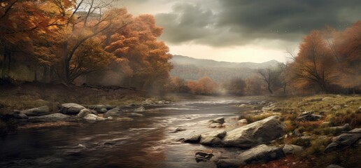 Lake with beautiful autumn trees in a dark stormy weather. Generative AI