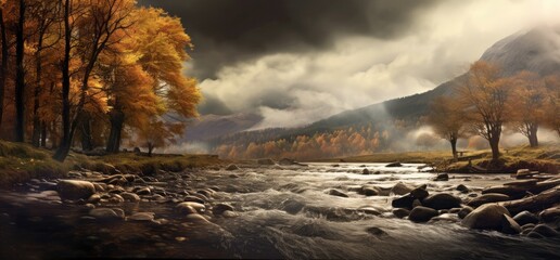 Lake with beautiful autumn trees in a dark stormy weather. Generative AI - obrazy, fototapety, plakaty