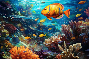 Obraz na płótnie Canvas Underwater Wonders: Colorful tropical fish swimming in a coral reef. Generative ai.