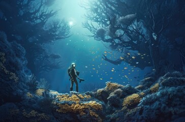 Man scuba diving by corals and fish below a mangrove in the middle of sea. Generative AI