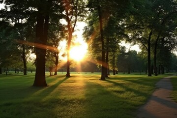 Beautiful green park with sunrise. Generative AI