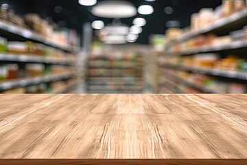 Modern wooden table for business. Showcase your products. Market shelf. Abstract blur counter background. Lifestyle shopping concept
