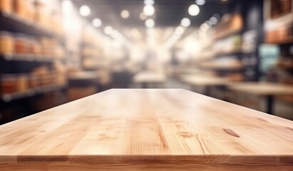 Modern wooden table for business. Showcase your products. Market shelf. Abstract blur counter background. Lifestyle shopping concept