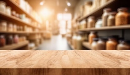 Modern wooden table for business. Showcase your products. Market shelf. Abstract blur counter background. Lifestyle shopping concept