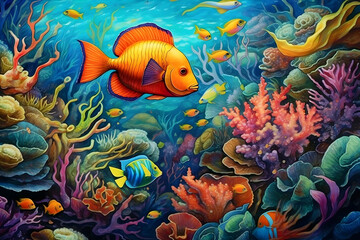 Fototapeta na wymiar Underwater Wonders: Colorful tropical fish swimming in a coral reef. Generative ai.