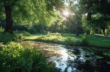 Fototapeta na wymiar Beautiful green park with pond and sun. Generative AI