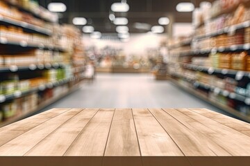 Modern wooden table for business. Showcase your products. Market shelf. Abstract blur counter background. Lifestyle shopping concept
