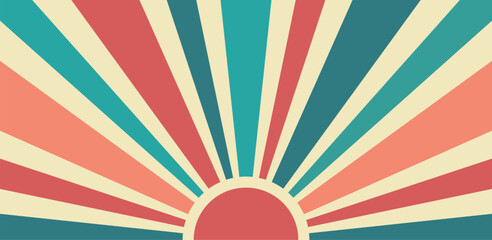 Retro sunburst background. 70s old fashioned colorful radiate lines banner. Vintage striped backdrop with a sun. Bright groovy poster or placard. Graphic design wallpaper element. Vector illustration