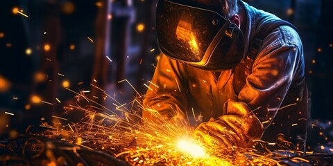 Close-up shot of welding sparks flying, depicting the skill and precision required in industrial craftsmanship. Generative ai.