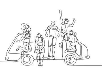 Single continuous line drawing about group of men and woman from multi ethnic standing in front of car to show their friendship bonding. Unity in diversity concept one line