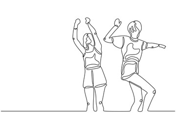 Continuous One line drawing of two happy women dancing together showing their friendship isolated on white background.