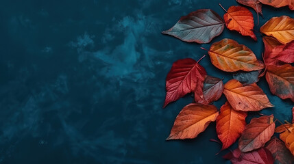 Fall red leaves on blue background. Top view. Generative Ai