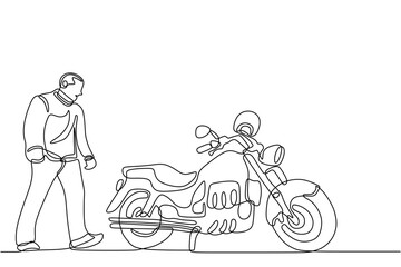 Obraz premium Big man and classic motorcycle one line continuous single line art isolated on white background.
