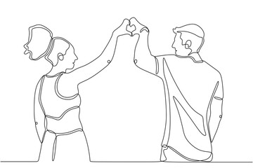 one line drawing of romantic couple relationship. Guy and girl make love symbol with hand. Human relationship, sincere feelings. - Vector illustration isolated on white background.