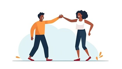 Flat graphic vector illustration isolated on white. Happy mixed race man and woman giving high-five, supporting gesture, clapping hands together. Congrats, deal, trust, success, solidarity concept.