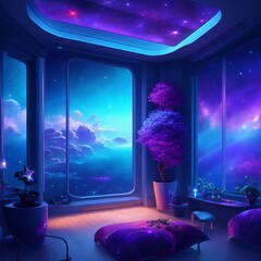 High Tech room with plants. Mystical space view. 