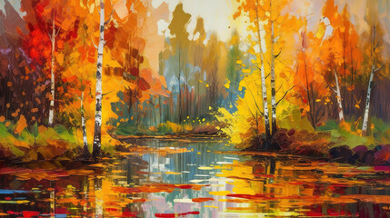 Fototapeta na wymiar Oil painting colorful autumn trees. Generative Ai